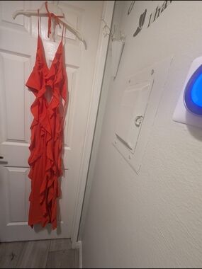 SHEIN Orange Ruffle Backless Halter Maxi Dress